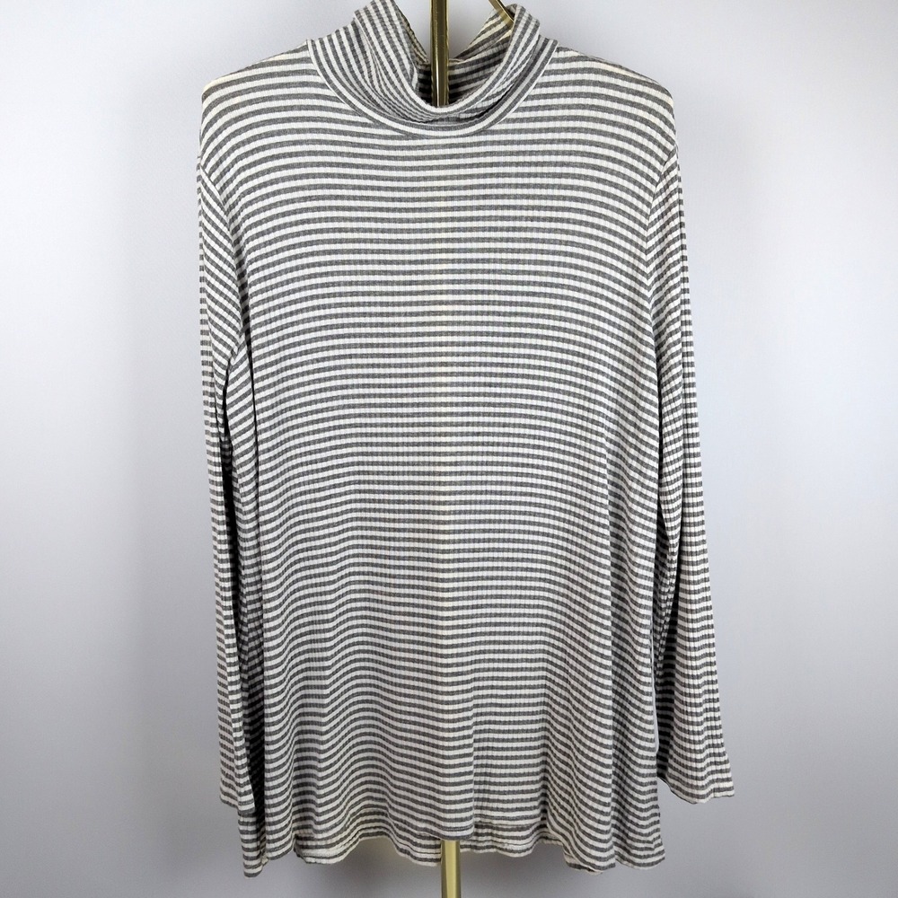 Faded Glory Womens XXL 20 Turtleneck Top Grey White Striped Ribbed Long Sleeve